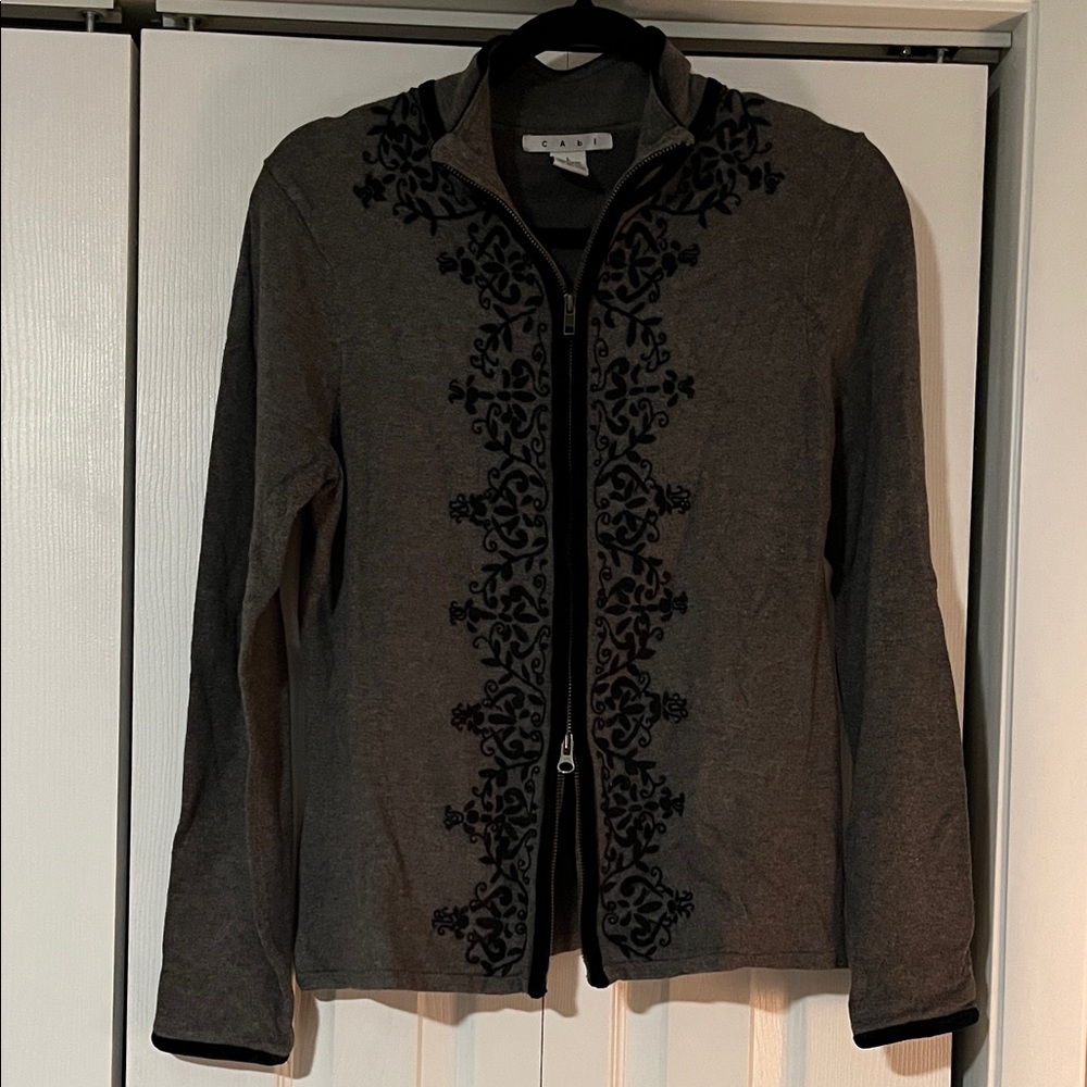 CAbi Gray and Black Embroidered Cardigan